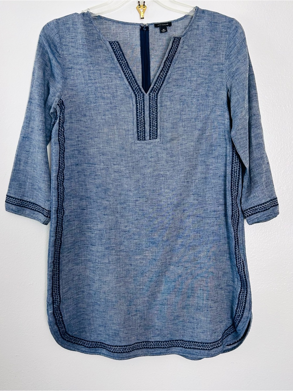 Ann Taylor Tunic Shift Dress Linen Cotton Blend V Neck Chambray Blue Medium